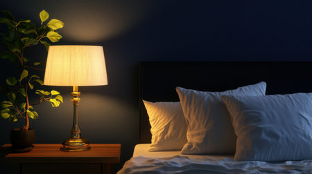 A serene bedroom setup showcases a stylish lamp casting a warm glow over plush pillows, complemented by a decorative plant against a dark wall.の素材