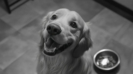 A charming black and white portrait of a happy golden retriever dog sitting in a kitchen, showcasing a joyful expression and a food bowl nearby.の素材