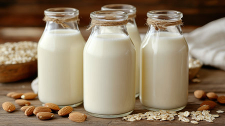 A serene display featuring glass jars of creamy milk alongside oats and almonds on a rustic wooden table, ideal for healthy cooking inspiration.の素材