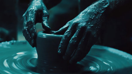 A close-up view of hands skillfully shaping wet clay on a pottery wheel, showcasing the art and dedication involved in pottery-making.の素材