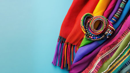 This image showcases a collection of vibrant textiles and colorful accessories arranged artistically on a light blue background, perfect for creative projects.の素材