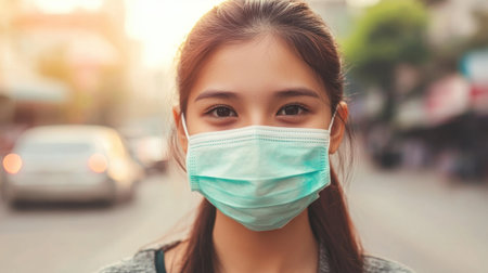 A young woman in a face mask stands confidently in an urban setting during sunset, symbolizing health awareness and safety in daily life.の素材