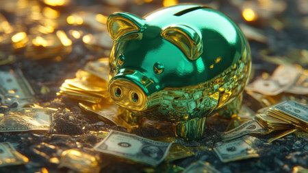A vibrant green piggy bank gleams amidst scattered dollar bills and golden coins, symbolizing savings, wealth, and financial dreams.の素材