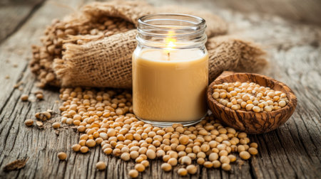 A soothing natural candle shines softly beside scattered soybeans on a rustic wooden table, creating a serene and inviting atmosphere perfect for relaxation.の素材