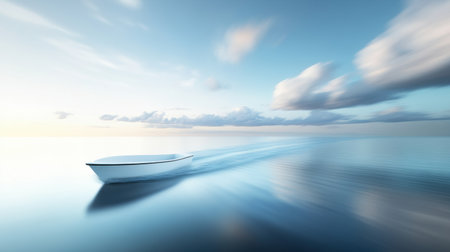 A solitary boat sails rapidly across a calm ocean, creating gentle ripples under a soft sky filled with clouds. Ideal for themes of adventure and tranquility.の素材