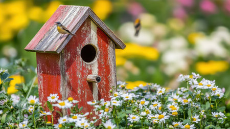A captivating red birdhouse nestled among vibrant flowers in a lush garden, with a bird captured mid-flight, creating a serene and picturesque setting.の素材
