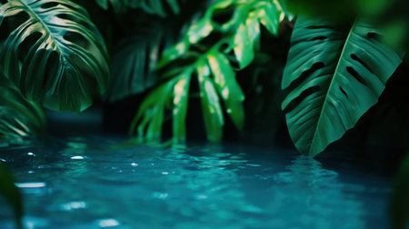 A serene scene featuring vibrant tropical leaves reflecting on a calm water surface, creating a tranquil ambiance in a lush environment.の素材