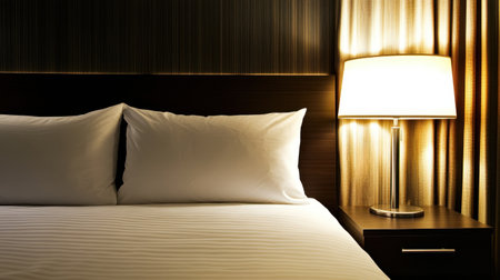 Elegant hotel bedroom featuring plush white pillows, soothing lighting from a stylish lamp, and warm curtain textures, perfect for relaxation.の素材