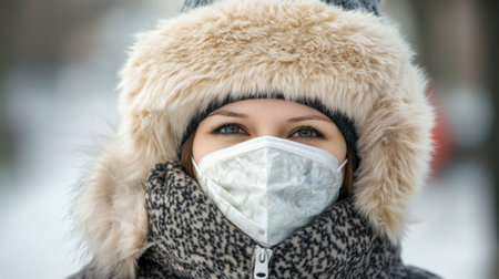 A young woman stands outdoors in winter attire, featuring a furry hat and face mask. The snowy backdrop highlights her bright eyes and joyful expression, symbolizing warmth and safety in cold weather.の素材