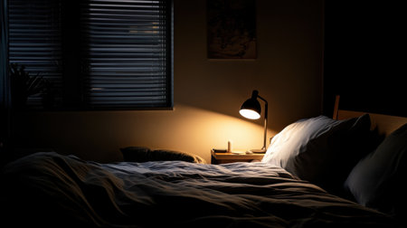 This serene bedroom scene features a cozy bed illuminated by soft light, creating a tranquil atmosphere ideal for relaxation and restful sleep.の素材