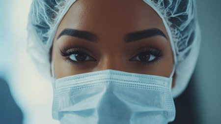 This image captures a medical professional's intense gaze, showcasing determination and focus while wearing a face mask and hair net. The setting conveys a sense of safety in healthcare.の素材