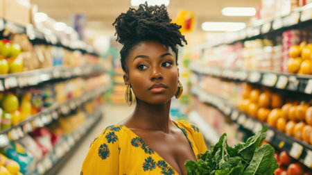 A young woman with beautiful features stands in a grocery store aisle, elegantly holding fresh greens while surrounded by a variety of colorful fruits.の素材