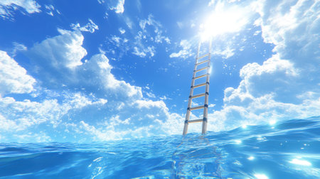 A captivating scene showcasing a wooden ladder rising above tranquil water, under a bright sky filled with fluffy clouds. The surreal imagery evokes feelings of adventure and hope.の素材
