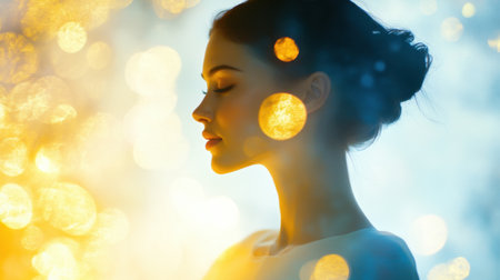 This captivating image features a serene woman with closed eyes, immersed in a tranquil atmosphere created by soft bokeh lights. It evokes feelings of peace and introspection.の素材