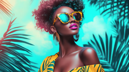 A captivating portrait of a stylish woman in bold sunglasses, showcasing vibrant colors and lush tropical foliage, radiating confidence and beauty.の素材