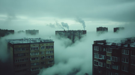 A mesmerizing view of an urban landscape shrouded in fog and smoke, with building rooftops barely visible, creating an eerie atmosphere.の素材