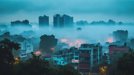 This image captures an atmospheric urban landscape shrouded in fog, featuring buildings and city lights at dusk. The serene ambiance highlights environmental challenges.の素材