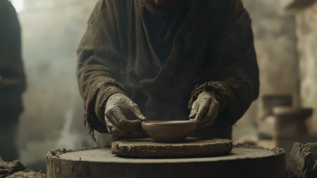 A skilled artisan shapes a bowl from clay on a pottery wheel in a rustic workshop, where natural elements and soft lighting enhance the creative atmosphere.の素材