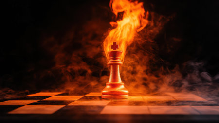 A captivating chess king piece engulfed in flames, enveloped by swirling smoke, represents the essence of strategy and competition in a dramatic setting.の素材