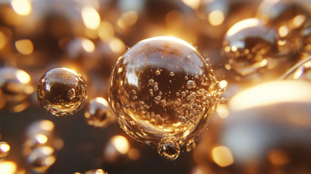 Discover a mesmerizing close-up image featuring floating bubbles that reflect golden light against a dark backdrop, embodying beauty and elegance.の素材