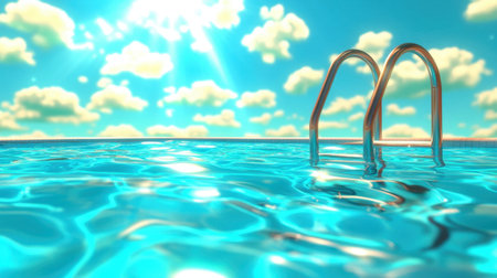 A captivating pool scene featuring shimmering clear water reflecting sunlight under a bright blue sky adorned with fluffy clouds. Ideal for promoting relaxation and leisure.の素材