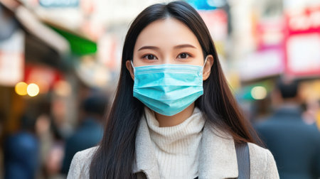 Portrait of a young woman wearing a protective face mask while standing in a lively urban environment, showcasing a blend of modern lifestyle and health awareness.の素材
