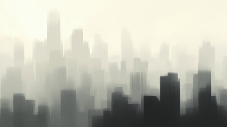 This abstract cityscape image captures a silhouette of skyscrapers shrouded in fog. The soft light creates a serene atmosphere, evoking mystery.の素材