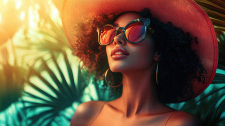A striking portrait of a fashionable woman, basking in golden sunlight while wearing stylish sunglasses and a chic wide-brimmed hat amidst lush tropical foliage.の素材