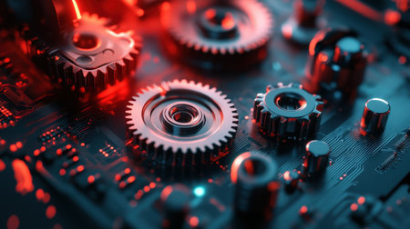 This close-up image showcases intricate mechanical gears set against a circuit board illuminated by neon lights, emphasizing technology and innovation.の素材