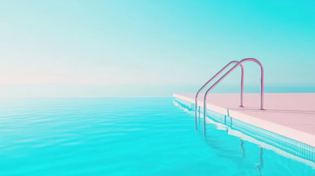 This captivating image features a serene swimming pool with sleek steps leading into vibrant aqua waters, evoking a sense of calm and relaxation.の素材