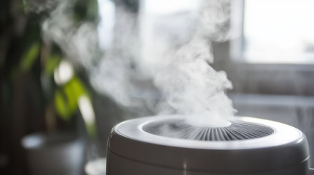 A stylish modern air humidifier releases a gentle steam, enhancing indoor air quality while adding a soothing atmosphere to the home.の素材