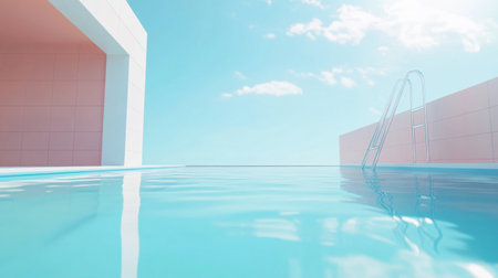 This image captures a serene poolside scene showcasing clear water reflecting the brilliant blue sky and modern architecture.の素材