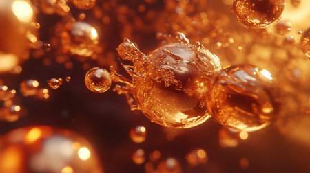 A captivating abstract image showcasing golden bubbles suspended in a liquid medium, featuring intricate reflections and dynamic movement perfect for creative projects.の素材
