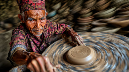 An elderly artisan skillfully shapes clay on a pottery wheel, wearing vibrant traditional attire. The motion blur emphasizes craftsmanship and dedication.の素材