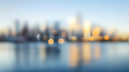 A tranquil soft focus image of a city skyline at dusk, featuring blurred lights and reflections on a serene water surface. Ideal for evoking calm and beauty.の素材