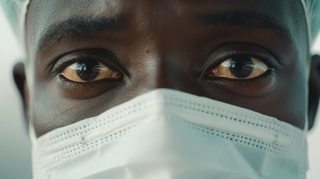 A powerful close-up image capturing the intense gaze of a male healthcare worker in a protective mask, reflecting his commitment and focus during challenging times.の素材