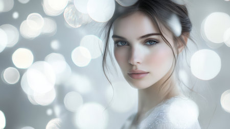 This serene portrait captures a beautiful woman with delicate features and a dreamy background of blurred lights. The soft tones enhance the elegance and calmness, making it perfect for art and photography enthusiasts.の素材