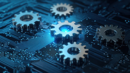 This image showcases metallic gears placed atop a glowing blue circuit board, symbolizing the intersection of technology and innovation.の素材