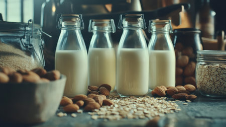 A vibrant display of freshly bottled almond milk surrounded by raw ingredients, showcasing a healthy and natural lifestyle in a rustic kitchen setting.の素材