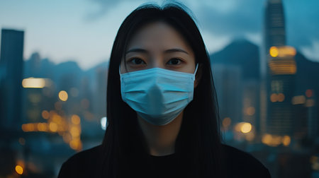 A young adult woman wearing a blue face mask stands in an urban environment during twilight. The city lights create a vibrant backdrop, highlighting her calm presence.の素材