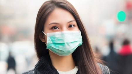 A young woman stands confidently in an urban setting, wearing a facial mask. Her calm expression and long hair reflect resilience during challenging times.の素材
