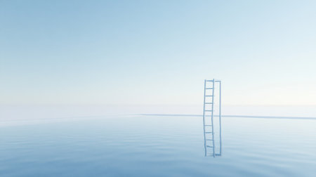 A solitary ladder rises from still water, reflecting the clear blue sky, embodying tranquility and inviting a sense of aspiration and exploration.の素材