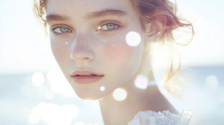 A stunning portrait of a young woman with delicate features, radiant skin, and gentle freckles, set against a bright, sunlit beach background.の素材