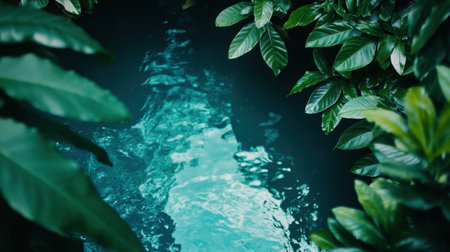 Discover the beauty of nature with this serene scene showcasing crystal clear water surrounded by vibrant green leaves in a tranquil tropical setting.の素材
