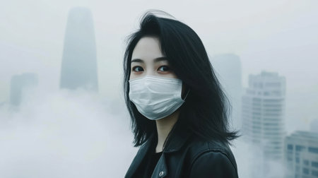 A young woman wearing a face mask stands against a foggy urban skyline, representing health awareness and environmental concerns in modern life.の素材