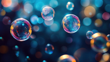 This image features colorful floating bubbles set against a blurred blue background, creating a dreamy and whimsical atmosphere filled with sparkle.の素材