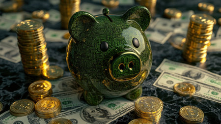 A charming green piggy bank sits among glistening coins and dollar bills on a sleek black marble surface, symbolizing savings and prosperity.の素材
