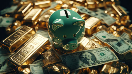 A vibrant green piggy bank sits at the forefront, surrounded by glimmering gold bars and stacks of dollar bills, illustrating essential concepts of wealth, savings, and financial investment in an attractive manner.の素材
