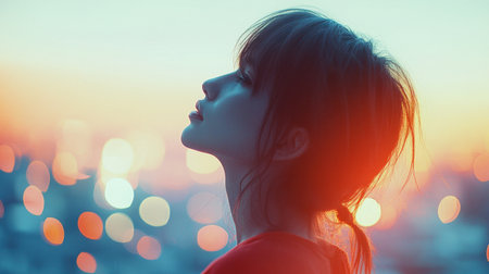 Capture the essence of tranquility with this stunning silhouette of a young woman against a vibrant sunset, showcasing soft bokeh lights that create a dreamy atmosphere.の素材