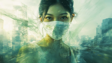 A captivating portrait of a young woman wearing a mask, blending into a dreamlike urban setting, symbolizing resilience and hope amidst challenging times.の素材